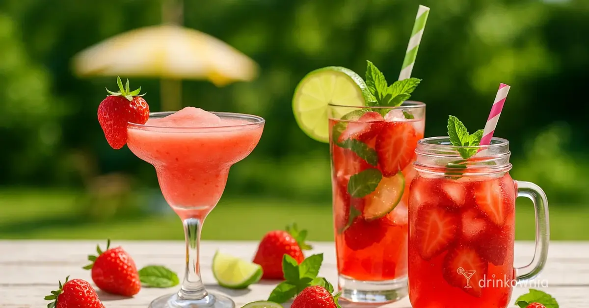 Letnie drinki z truskawkami, miętą i lodem na stole w ogrodzie – Mojito, Daiquiri i inne. Idealne orzeźwienie na lato.