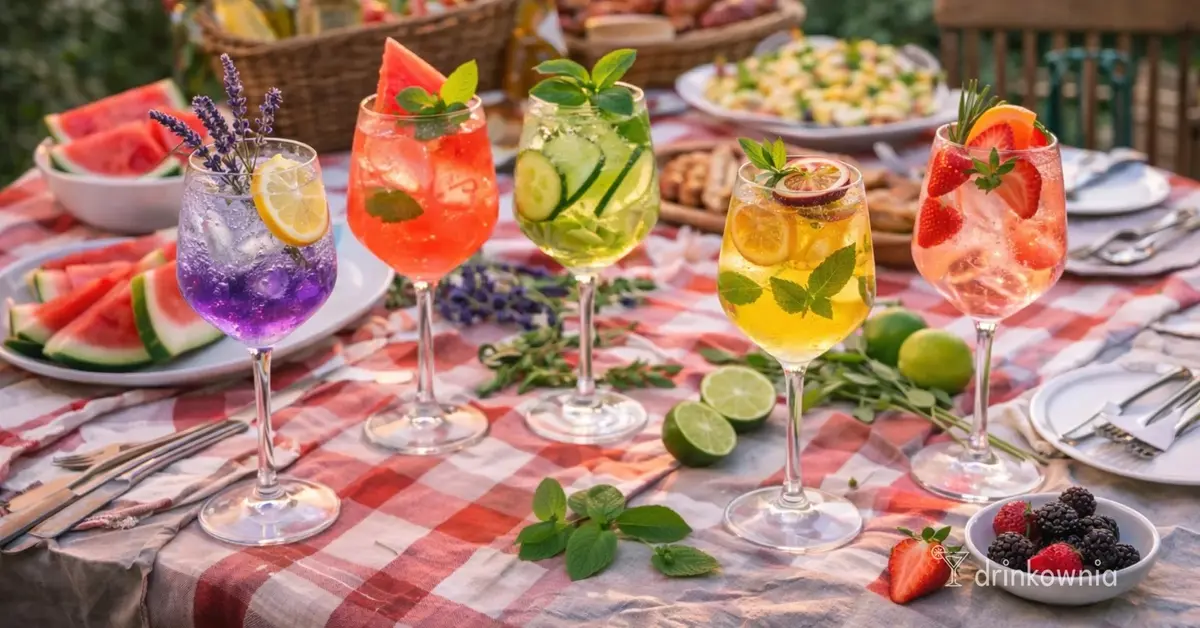 Kolorowe spritze na stole w ogrodzie, letnia impreza, owoce, zioła i lampki tworzą klimatyczną atmosferę.