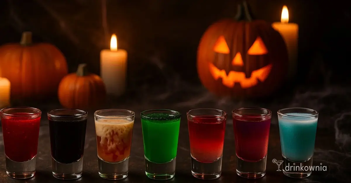 Siedem kolorowych shotów na Halloween w klimacie grozy – dynie, świece, pajęczyny i dym tworzą mroczny nastrój.
