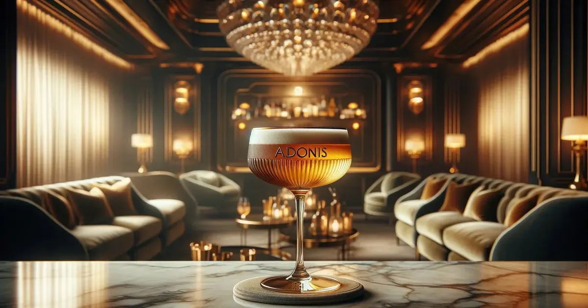 Zdjęcie prezentuje drink Adonis, w ozdobnym kieliszku typu coupe w luksusowym wnętrzu.