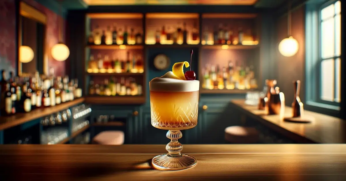 Drink Amaretto Sour na domowym barze z subtelną, kolorową dekoracją w tle, ozdobiony skórką cytryny i wisienką.