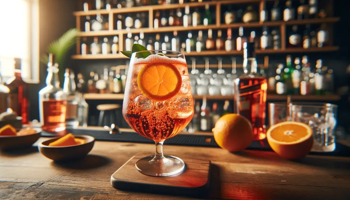 Domowy Aperol Spritz na blacie baru, z intensywną pomarańczową barwą.