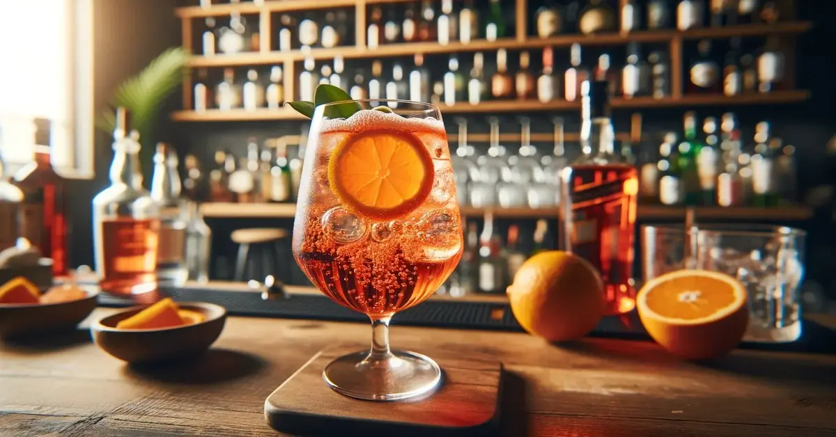 Domowy Aperol Spritz na blacie baru, z intensywną pomarańczową barwą.