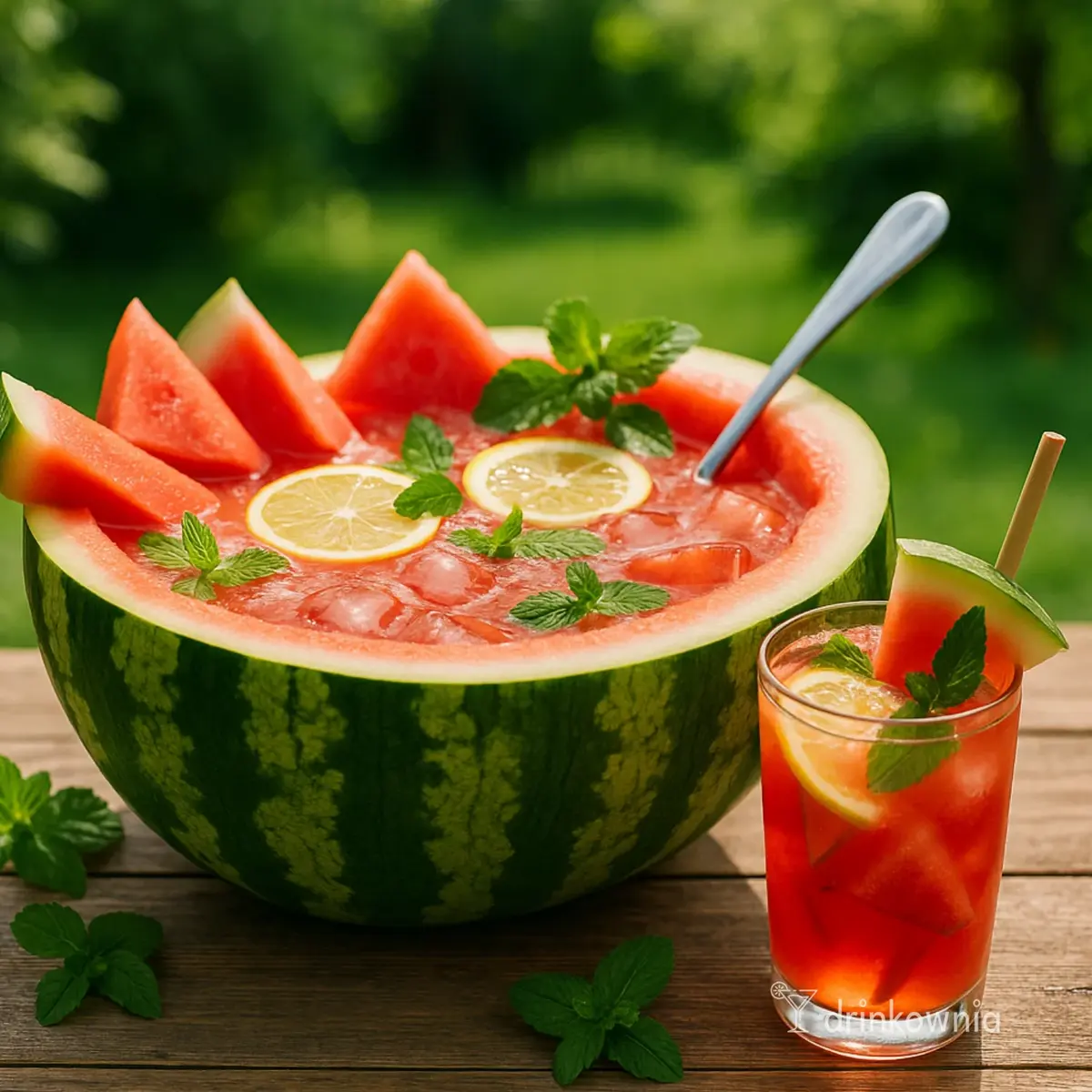 Arbuzowy Punch w wydrążonym arbuzie z lodem, cytryną, miętą i kawałkami arbuza na stole w letnim ogrodzie.