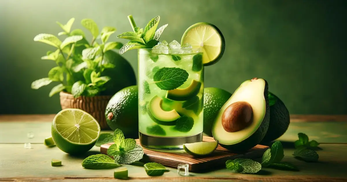 Zdjęcie drinka Awokado Mojito, orzeźwiający i zielony drink, ozdobiony limonka, miętą i plasterkami awokado. 