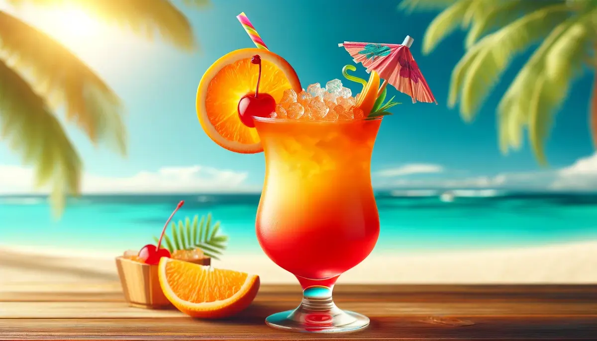 Zdjęcie prezentuje tropikalny drink Bahama Mama na plaży, ozdobionego pomarańczą, wiśnią i parasolką