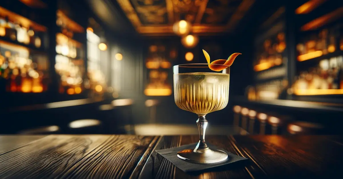 Zdjęcie przedstawia klasyczny drink Bamboo w kieliszku koktajlowym, ozdobiony skórką pomarańczową, na drewnianym blacie.