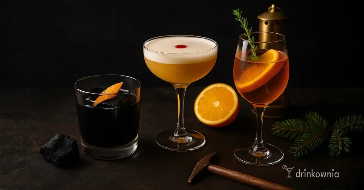Zimowe koktajle na Barbórkę ustawione na stole w ciepłym, domowym świetle. Czarne jak noc, musujące, rozgrzewające.