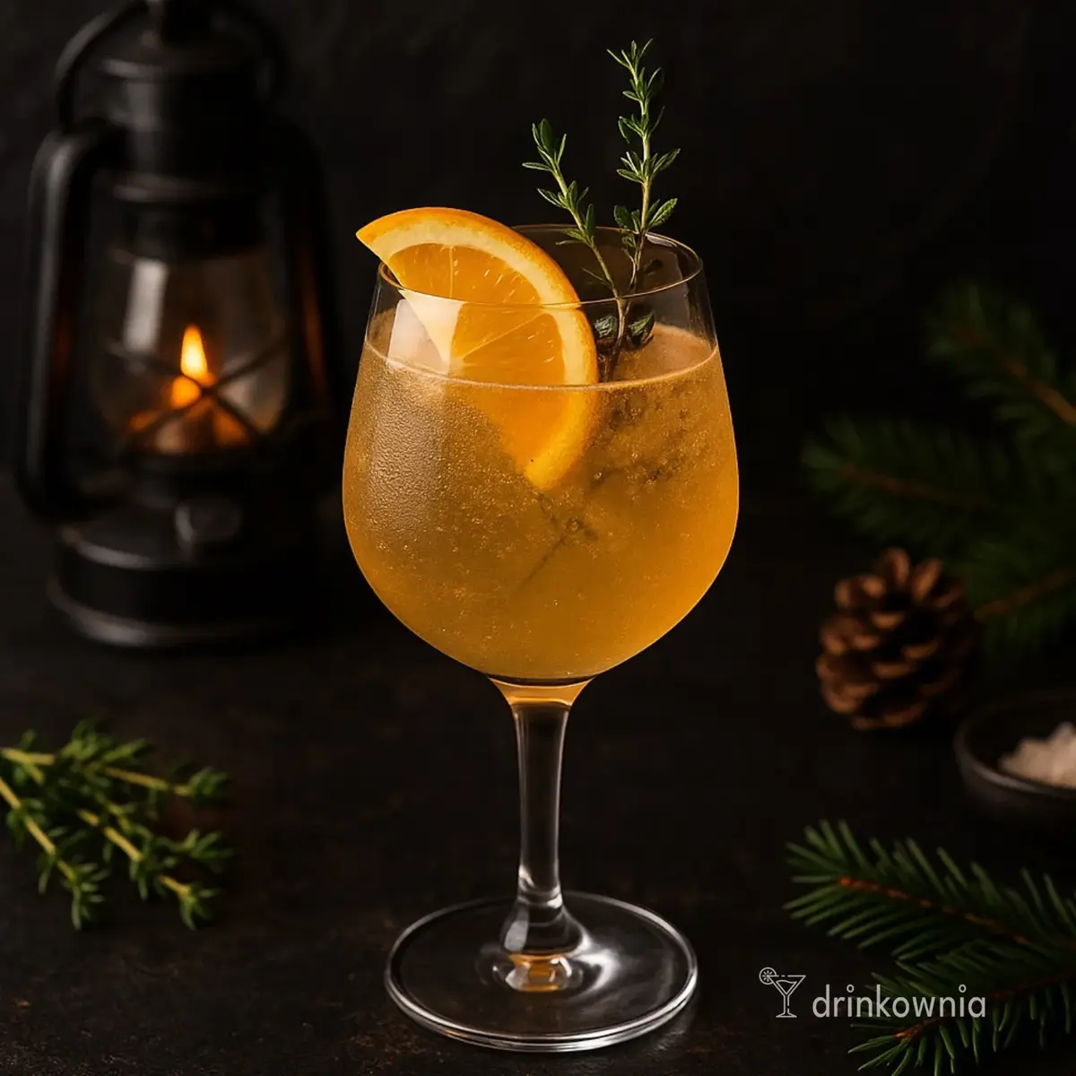 Musujący, jasny koktajl z plasterkiem pomarańczy i tymiankiem na tle lampki i zimowych dekoracji.