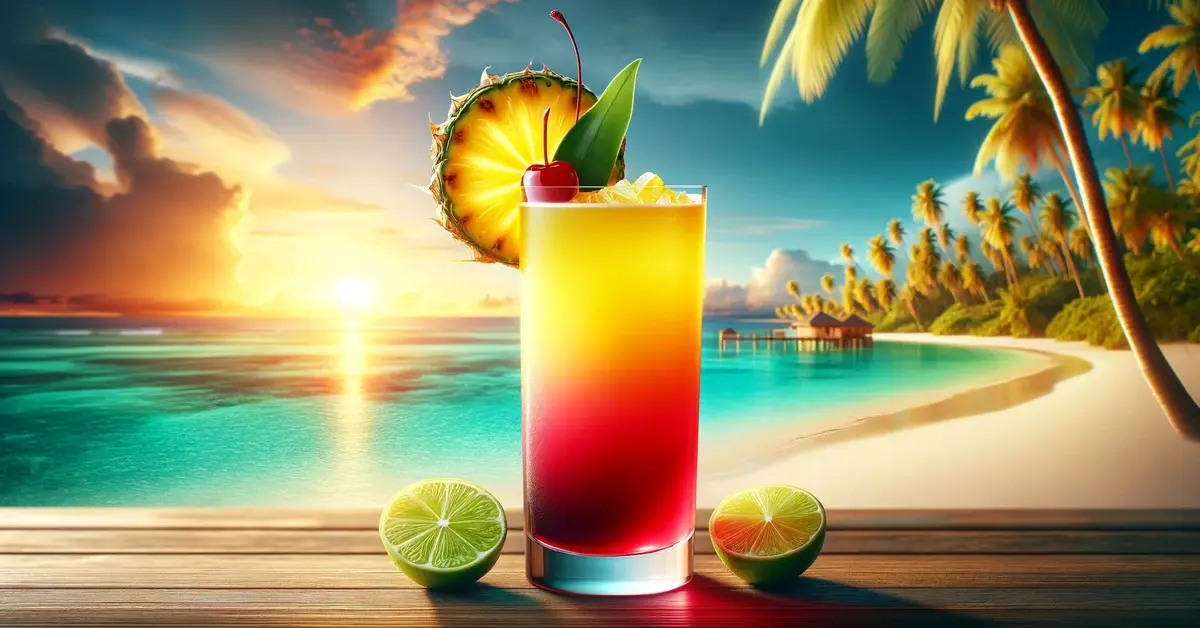 Zdjęcie drinka Bay Breeze w wysokiej szklance, z gradientem kolorów od jasnożółtego na górze po głęboki czerwony na dole