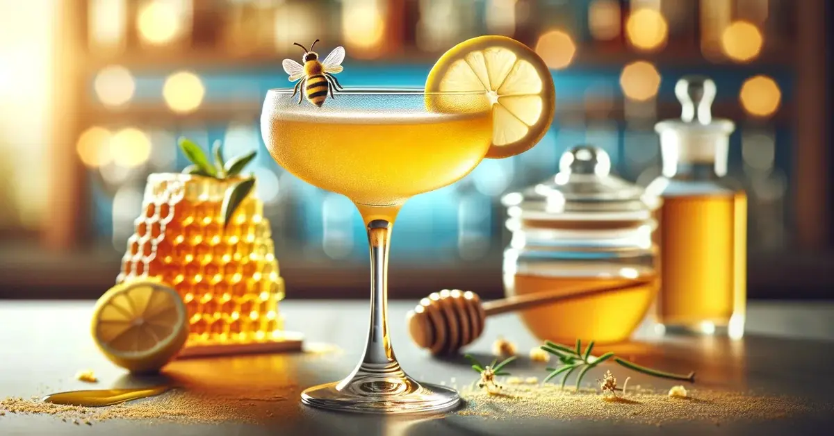 Drink Bee's Knees drink z ginem i miodem o złotej barwie w kieliszku typu coupe, w tle słoiki z miodem 