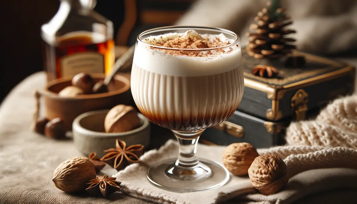 Kremowy Brandy Alexander z gałką muszkatołową w eleganckiej szklance.