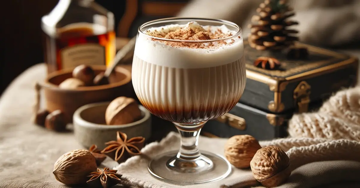 Kremowy Brandy Alexander z gałką muszkatołową w eleganckiej szklance.