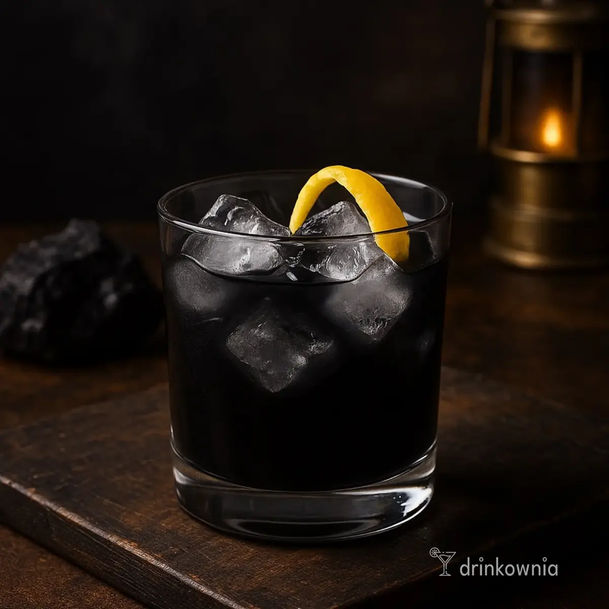 Szklanka z ciemnym, lodowym koktajlem na drewnianej desce w górniczym, nastrojowym oświetleniu.