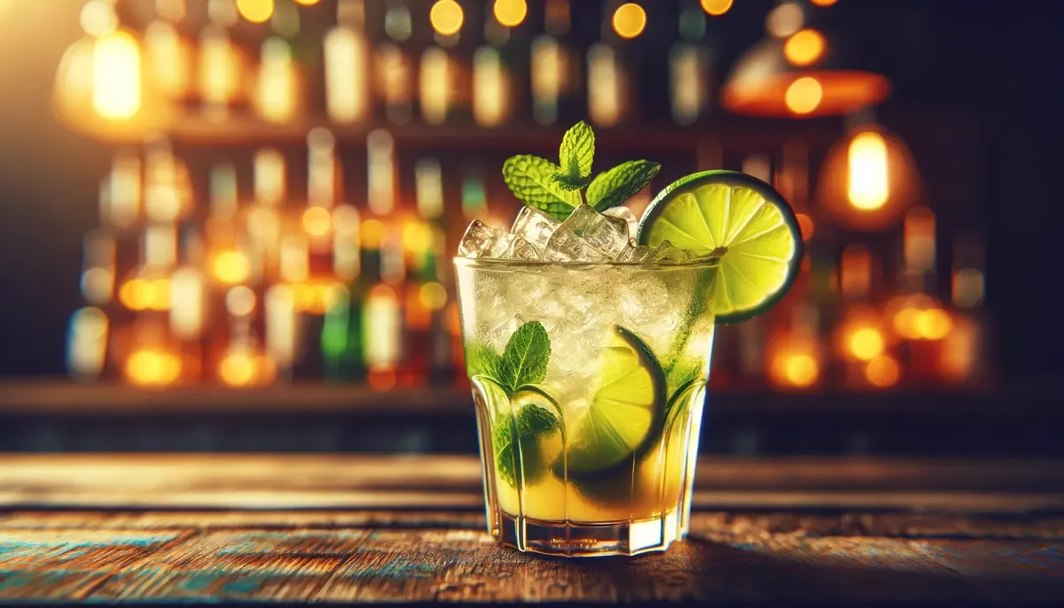 Obraz przedstawiający klasyczny drink Caipirinha z limonką, miętą i lodem