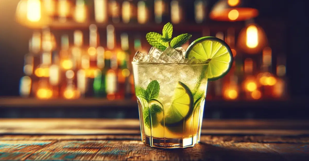 Obraz przedstawiający klasyczny drink Caipirinha z limonką, miętą i lodem