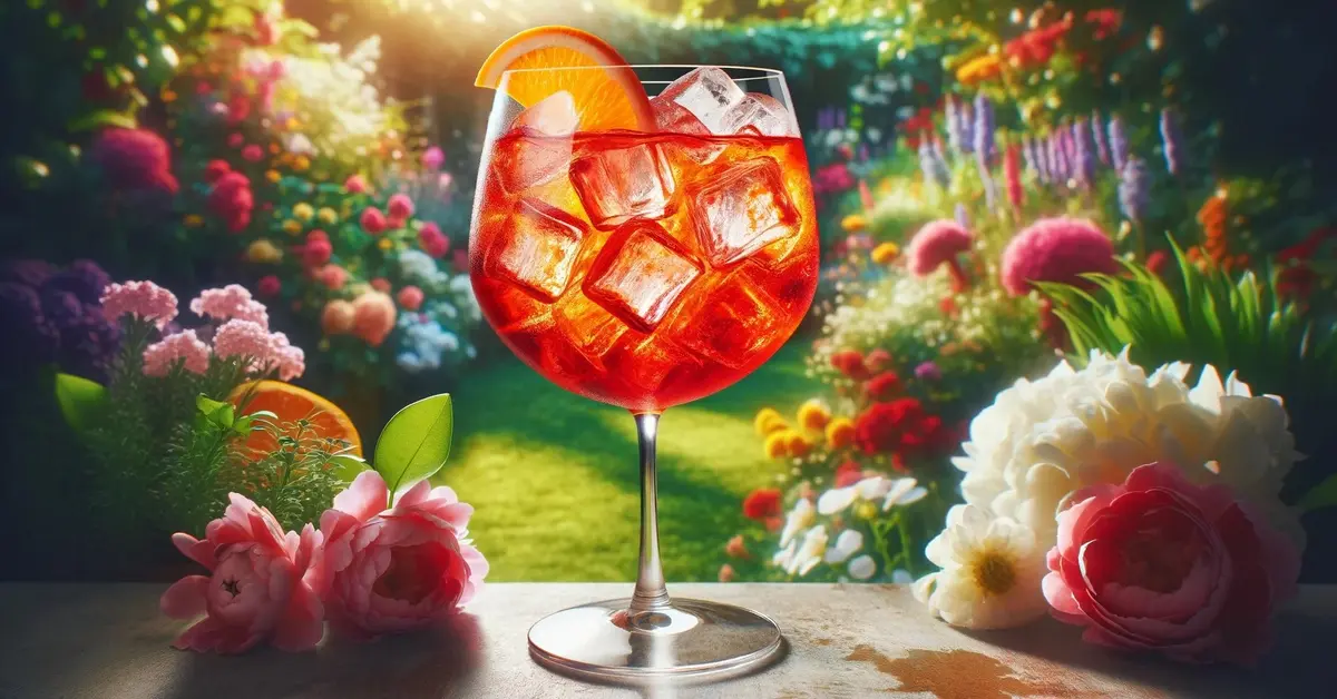 Orzeźwiający Campari Spritz z pomarańczą i lodem, podany w letnim ogrodzie pełnym kwiatów - idealny na upalne dni.