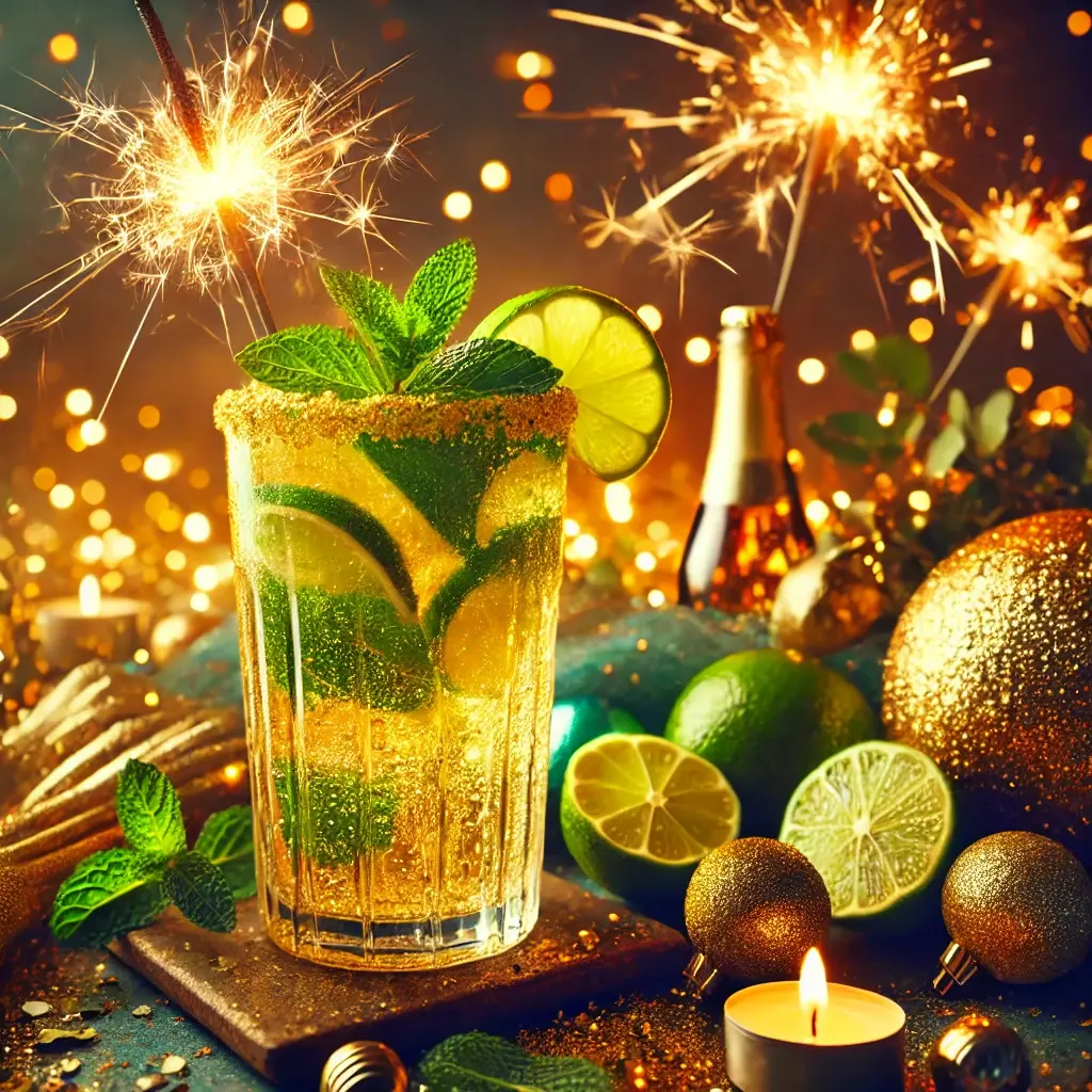 Sylwestrowy drink Citrus Energy Mule w szklance highball z limonką, miętą i energetykiem, w otoczeniu złotych dekoracji.