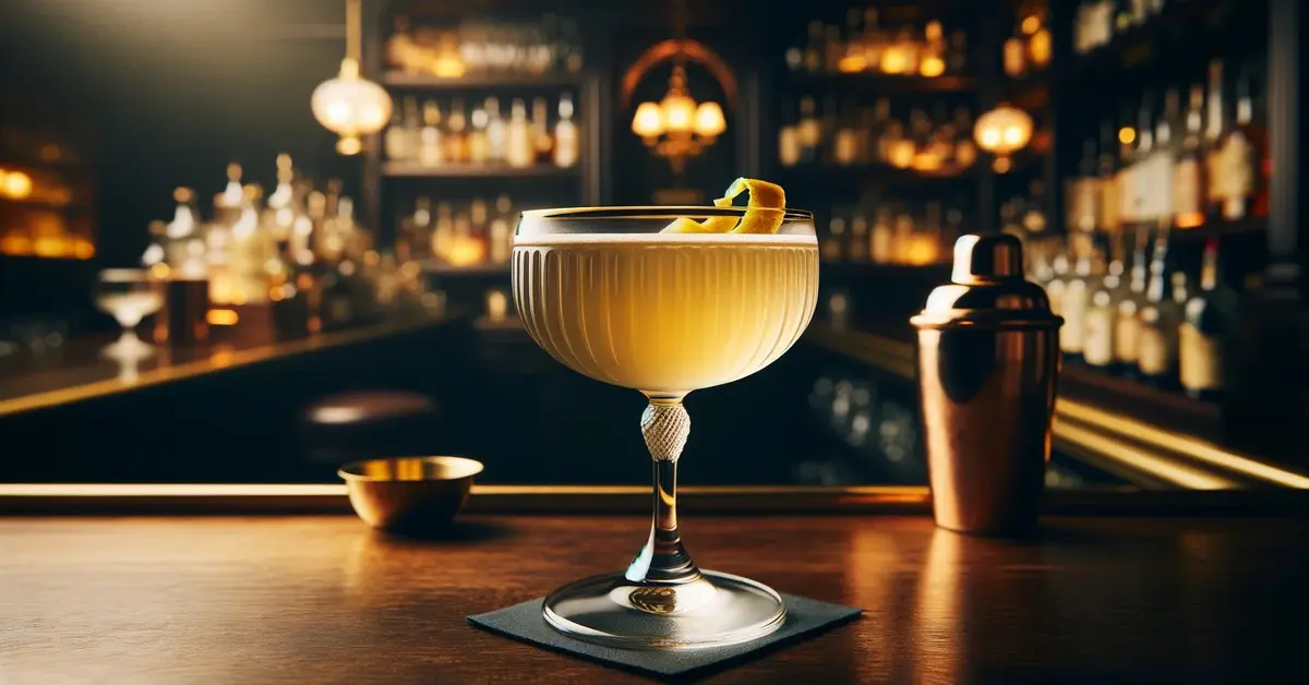 Zdjęcie przedstawia drink Corpse Reviver no. 2, ozdobiony skórką cytryny,  na tle baru w stylu vintage.