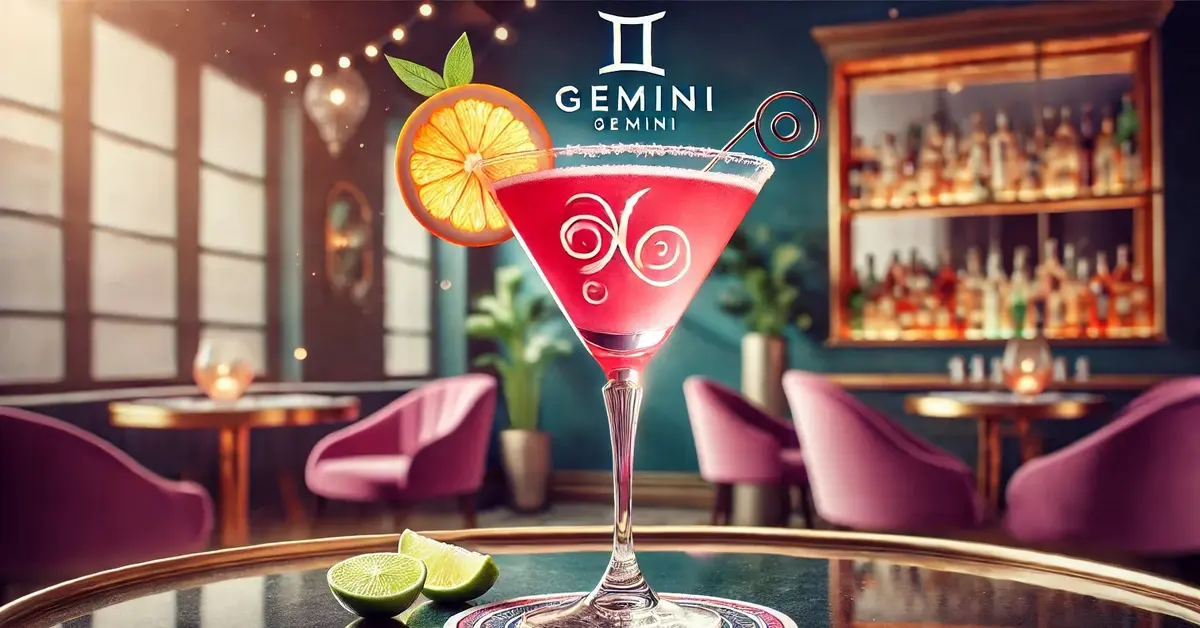 Różowy drink, idealny dla Bliźniąt, Cosmopolitan Gemini, kieliszek martini, twist z limonki i skórka pomarańczy.