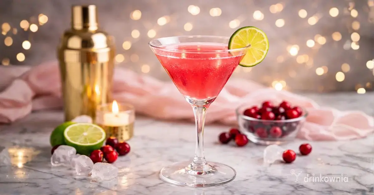 Cosmopolitan – elegancki, owocowy drink dla kobiet w kieliszku martini z limonką i żurawiną na jasnym tle.