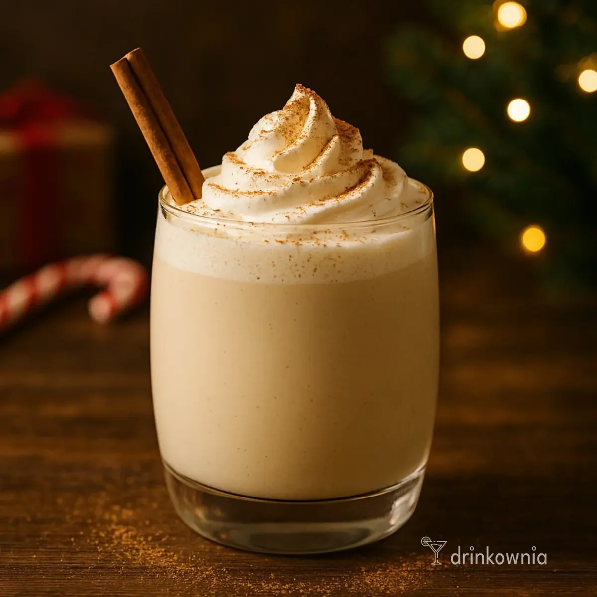 Cynamonowy świąteczny shake z bitą śmietaną i laską cynamonu w ciepłej, bożonarodzeniowej scenerii.