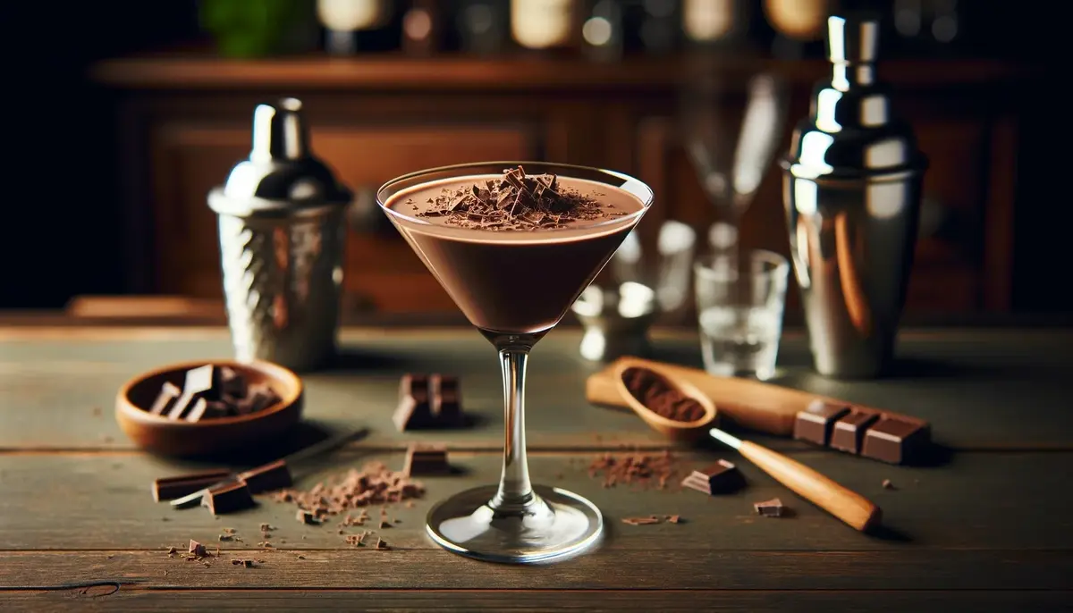 Domowe czekoladowe martini w szklance, z wiórkami czekolady, na drewnianym blacie baru
