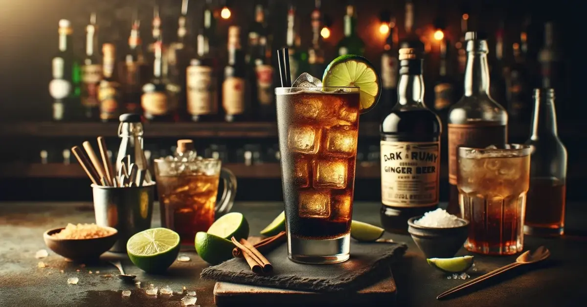 Drink Dark and Stormy podany w szklance typu Collins na drewnianym barze, z warstwą ciemnego rumu i jasnym piwem