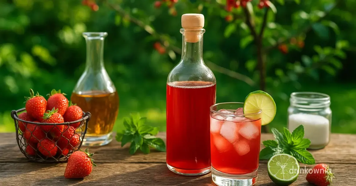 Domowy shrub truskawkowy na letnim stole w ogrodzie – butelka, drink, świeże truskawki, mięta i ocet jabłkowy.