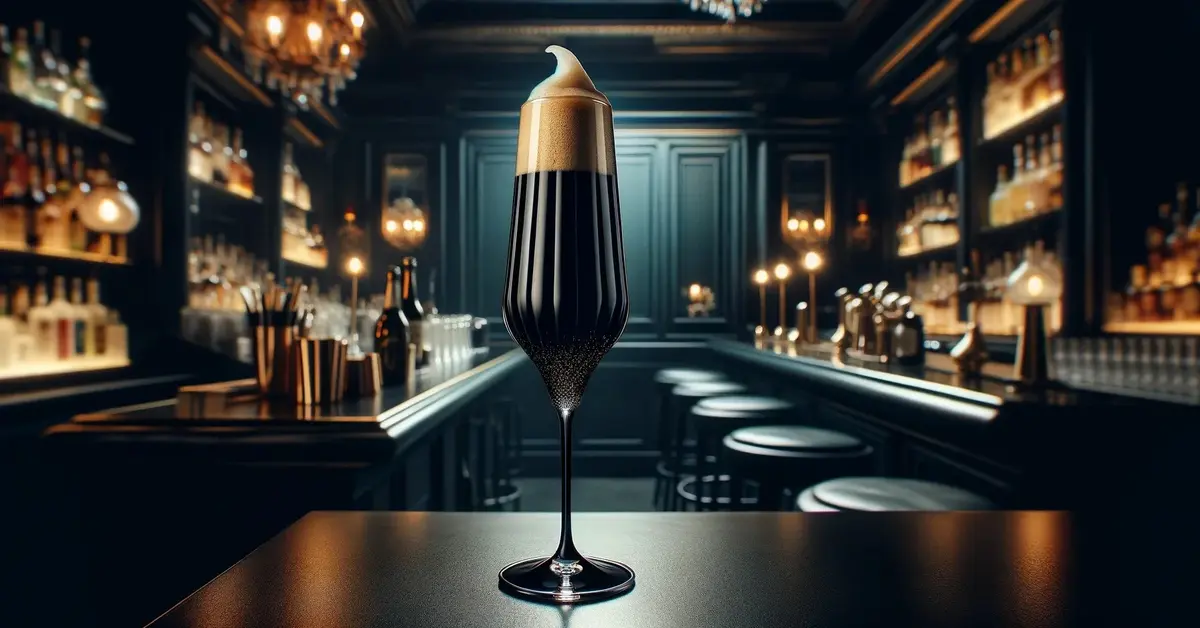 Zdjęcie przedstawia elegancji drink Black Velvet, stout i szampan, w wysokim i wąskim kieliszku typu flute, z pianką.