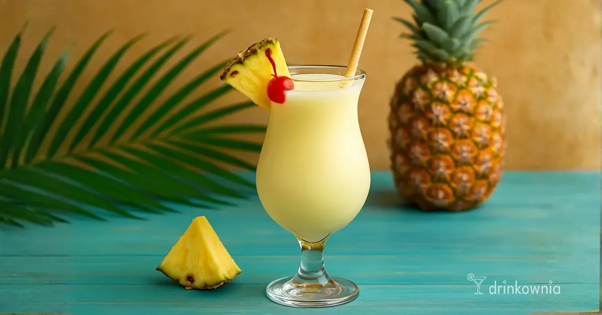 Kremowy drink Chi Chi w kieliszku hurricane z ananasem i wiśnią, ustawiony na turkusowym blacie w tropikalnej scenerii.