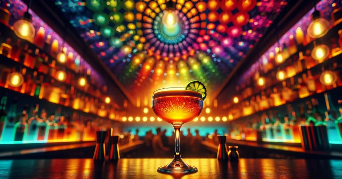 Zdjęcie prezentuje drink Division Bell, wytrawny drink z mezcalem, aperolem, likierem wiśniowym, idealny na imprezę