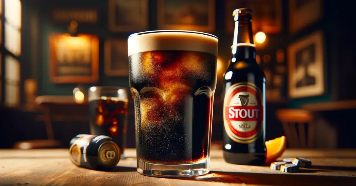 Koń Trojański, drink z piwa stout i coli w szklance highball, na drewnianym stole w pubie.