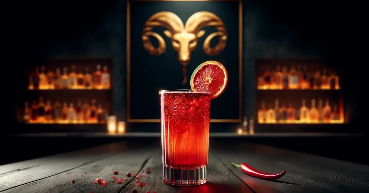 Zdjęcie prezentuje drink Ognisty Baran ozdobiony pomarańczą i chili, ognisty, pikantny, idealny dla znaku zodiaku Baran