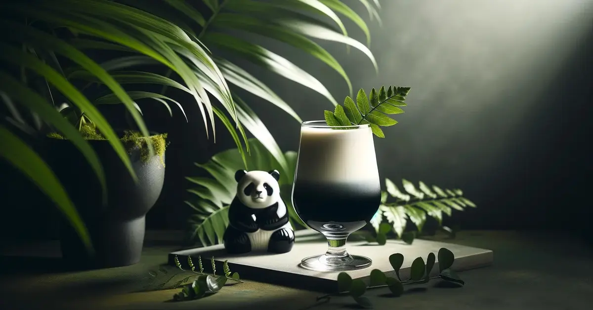 Elegancki drink Panda z wyraźnymi warstwami białą i czarną, podany w przezroczystej szklance na tle zielonych liści.