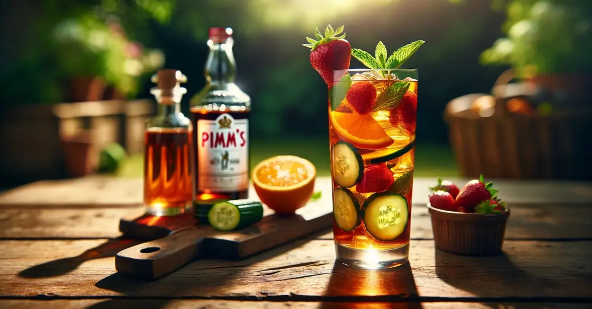 Letni drink Pimm's Cup na drewnianym stole, ozdobiony owocami, plastrami ogórka i miętą, idealny na upały.
