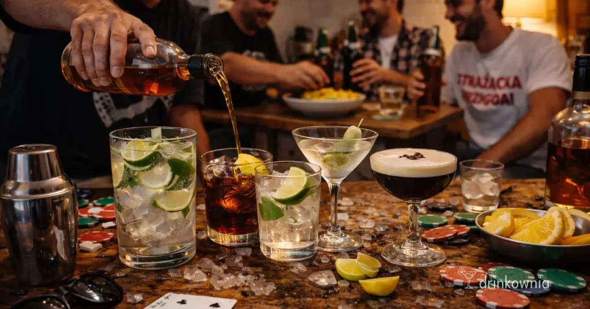 Domowy wieczór kawalerski – nalewanie whisky i drinki na stole w imprezowym klimacie