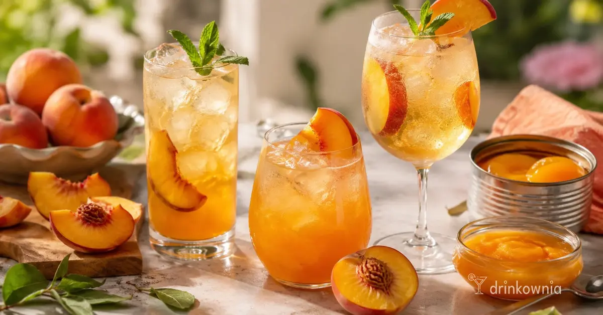 Drinki z brzoskwinią ze świeżych owoców, purée i brzoskwiń z puszki w letniej aranżacji.