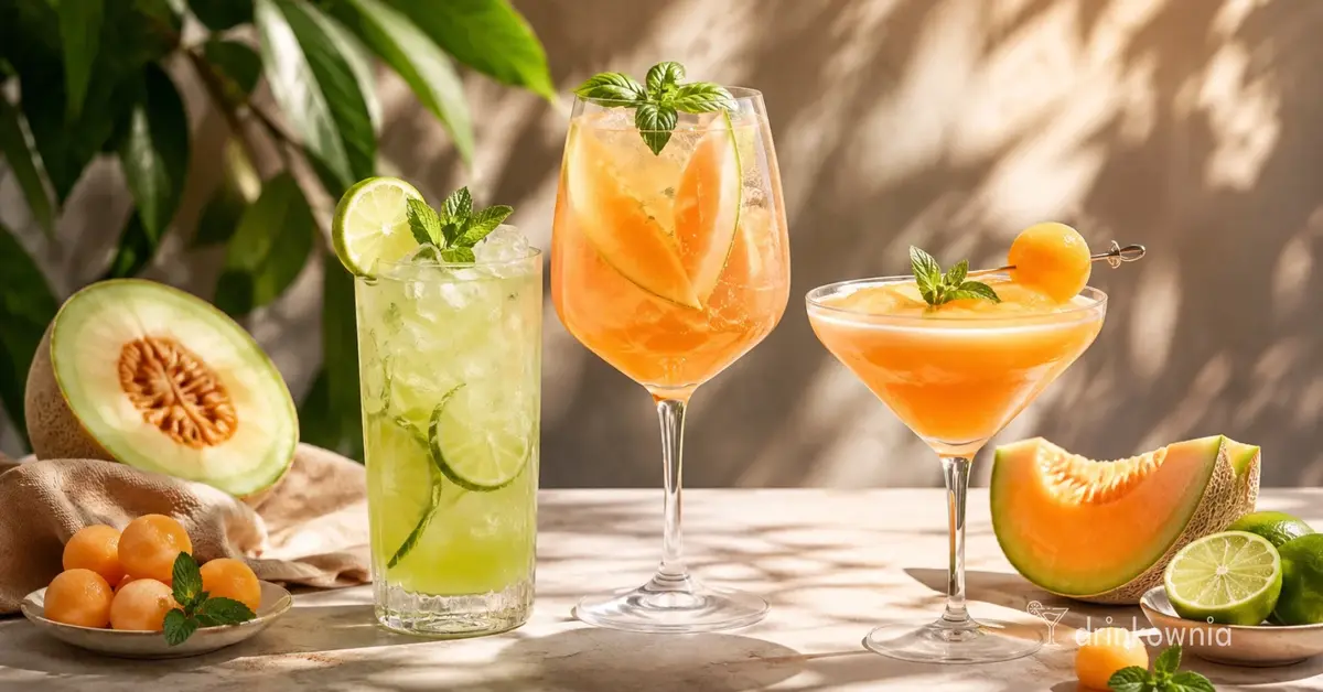 Trzy letnie drinki z melonem, limonką i lodem na jasnym stole w naturalnym świetle