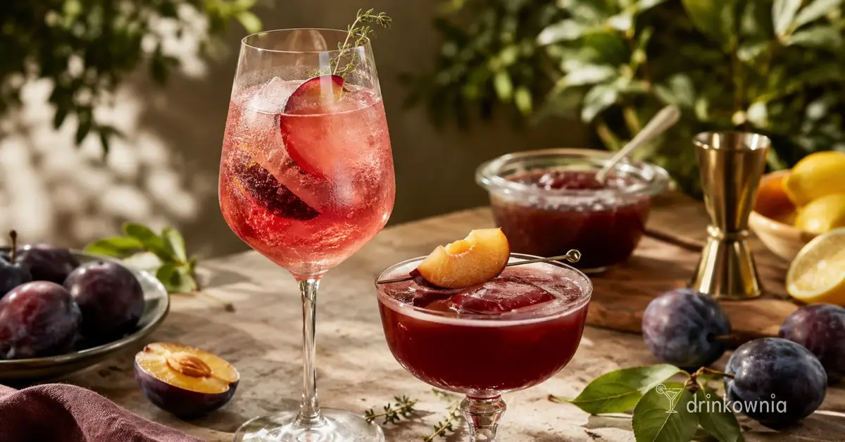 Śliwkowy Spritz i ciemny koktajl ze świeżymi śliwkami w ciepłej, późnoletniej scenerii