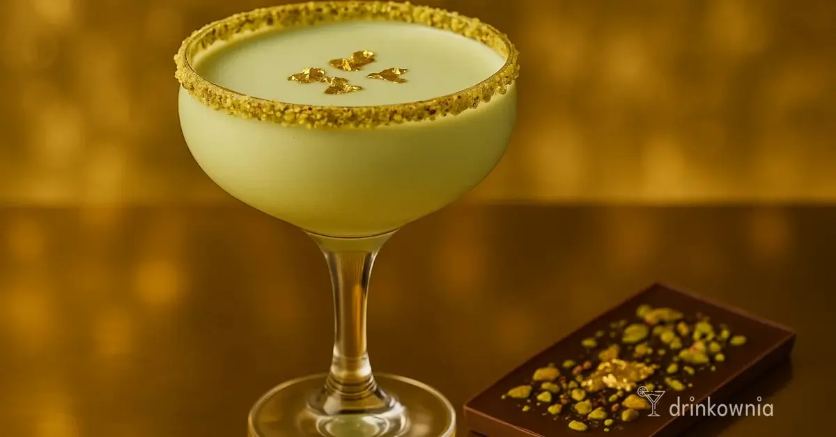Pistacjowy drink Dubajskie Złoto w kieliszku coupe, dekorowany złotem i czekoladą z pistacjami, luksusowy koktajl.