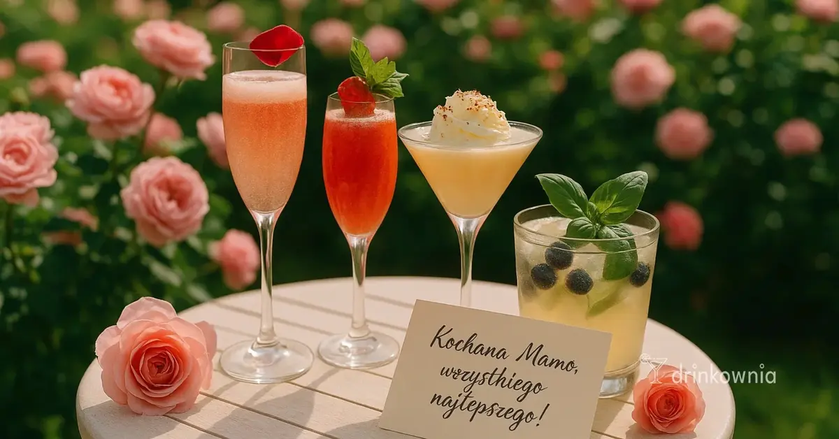 Drink Rose Fizz, Bellini, Crème Brûlée Martini i mocktail w ogrodzie z kartką „Kochana Mamo, wszystkiego najlepszego!”.