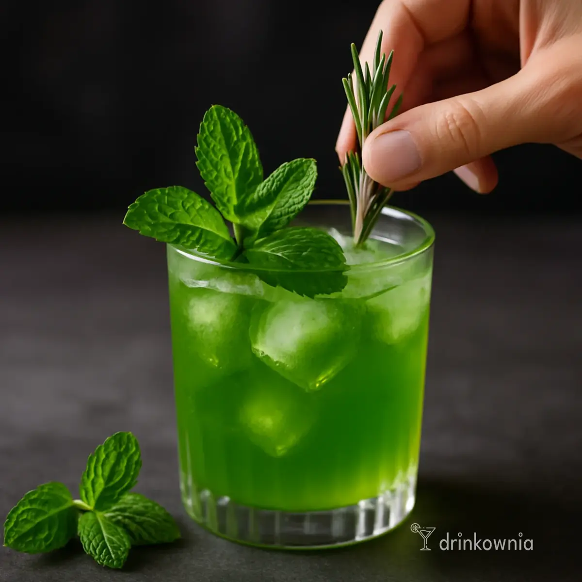 Zielony drink z lodem, udekorowany świeżą miętą i rozmarynem – pomysł na efektowną dekorację koktajlu.