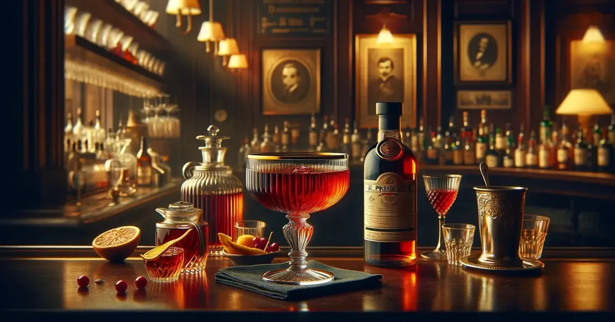 Zdjęcie prezentuje drink El Presidente na bazie rumu i wermutu, w ozdobnym kieliszku typu coupe, w starodawnym barze.