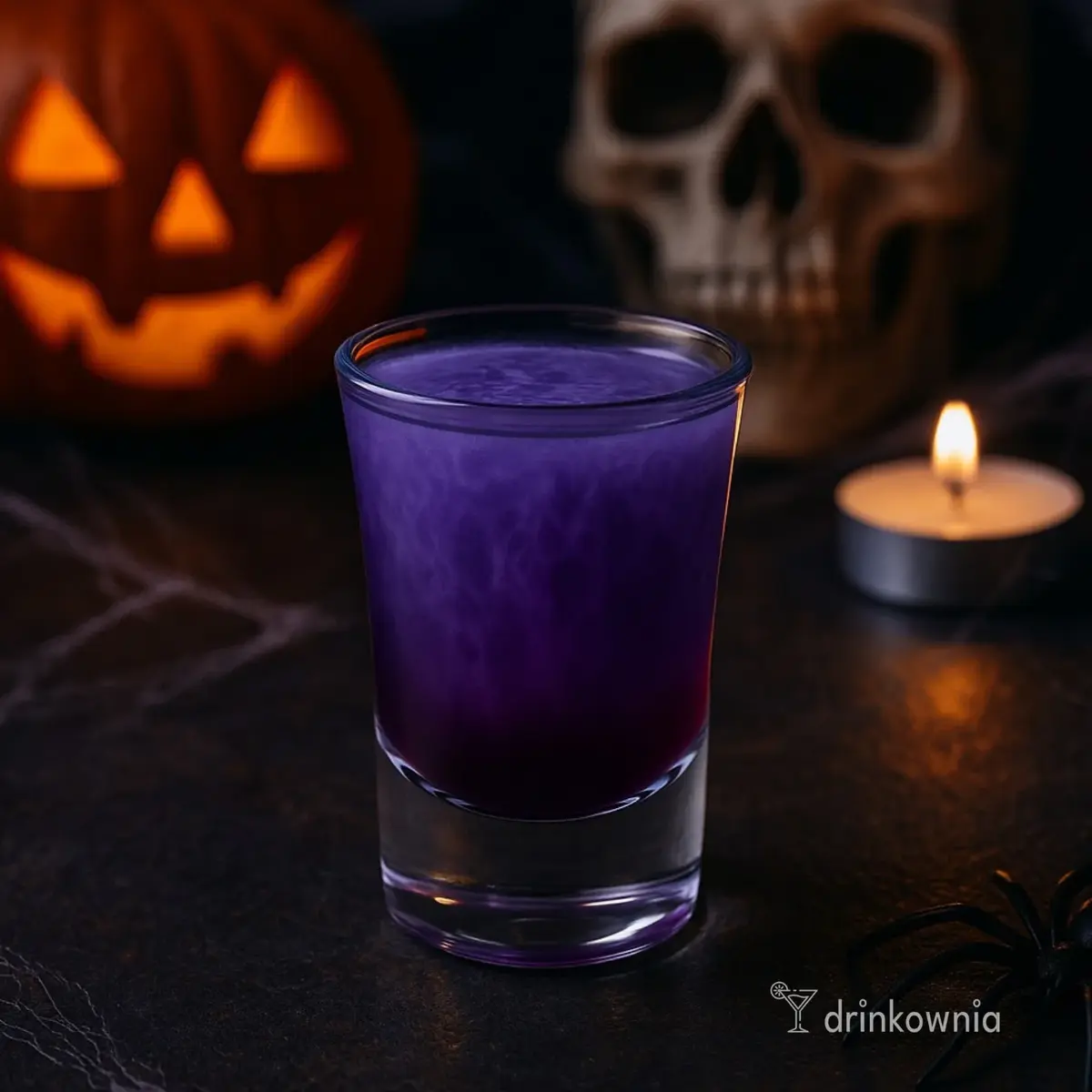 Fioletowy shot Eliksir Czarownicy o magicznym wyglądzie, w tle dynia, czaszka, świeca i pajęczyny w klimacie Halloween.