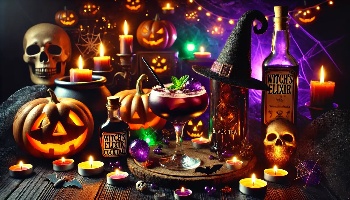 Eliksir Wiedźmy – mistyczny halloweenowy drink z czarną herbatą i octem balsamicznym, idealny na mroczne przyjęcia.