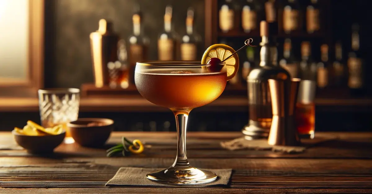 Zdjęcie przedstawia elegancki drink Emerson w kieliszku typu coupe na drewnianym barze, ozdobiony cytryną i wiśniami.
