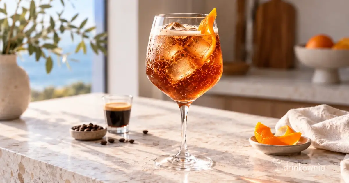 Espresso Spritz w dużym kieliszku z lodem i skórką pomarańczy, podany na jasnym blacie obok espresso