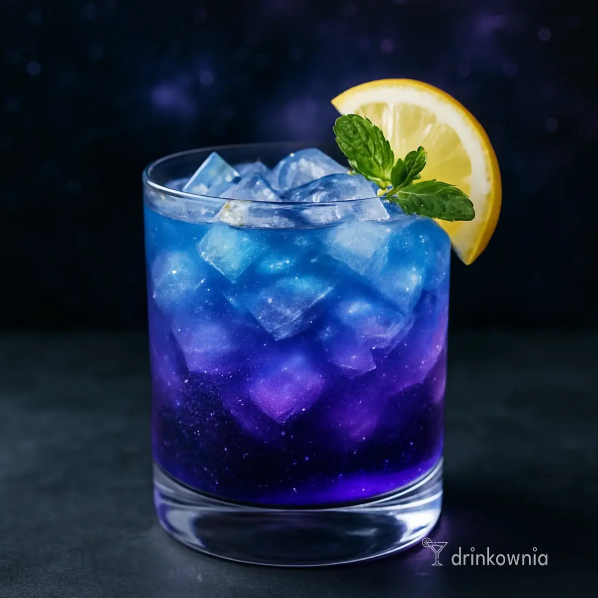 Kosmiczny drink bezalkoholowy z lodem, cytryną i błyszczącym efektem galaktyki, podany w niskiej szklance