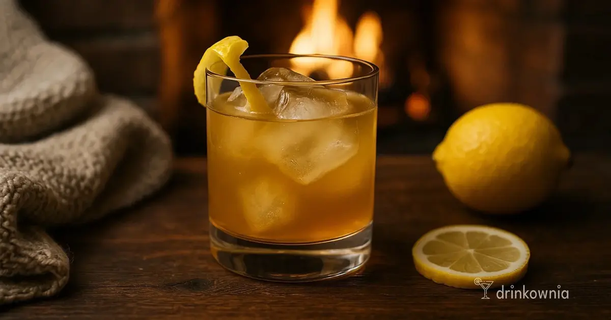 Koktajl Gold Rush na lodzie z twistem cytryny, ustawiony na drewnianym stole przed ciepłym kominkiem.